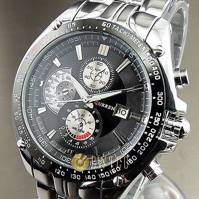 NEW WATER QUARTZ HOUR DIAL DATE BLACK CLOCK SPORT MEN STEEL WRIST 