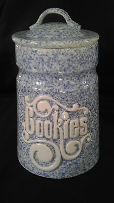   stoneware blue & white cookie jar EUC raised cookies crock RARE