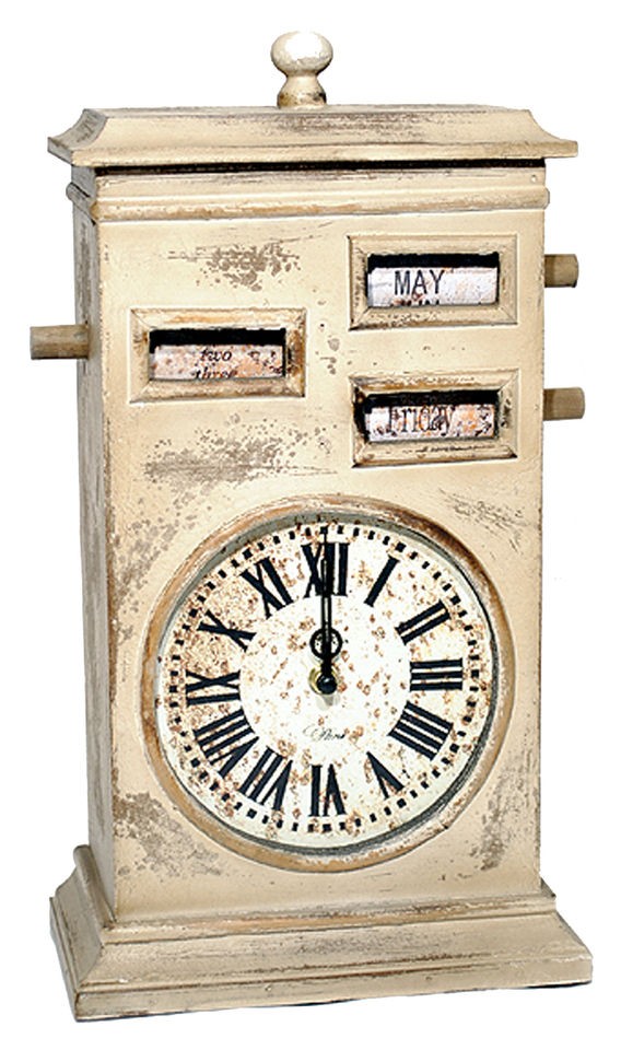 Country Shabby Distressed Chic Ivory Wood Mantel Clock & Calendar 16 