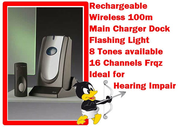   Impair Byron Wireless Rechargable Bell Chime Main Charger Docking 100m
