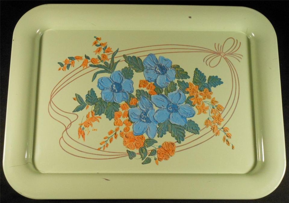 VTG Mid Century Floral Mint Green TV Lap Tray Metal Tin 17 Flowers 