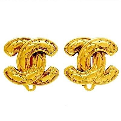 Authentic vintage Chanel earrings quilted CC logo double C gold COCO # 