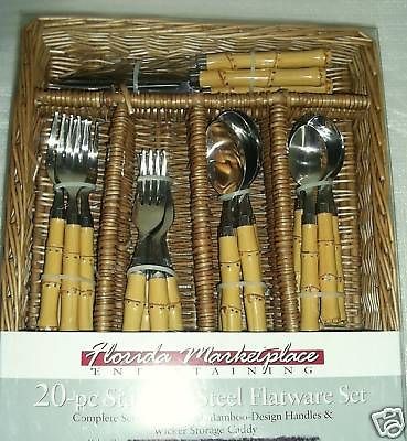 Asian Bamboo Flatware Stainless Steel Serve 4 Caddy NIP