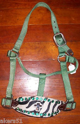 HALTER BRONC HAIR ON ZEBRA W/CRYSTALS AND CROSS SAGE GREEN NYLON AMISH 