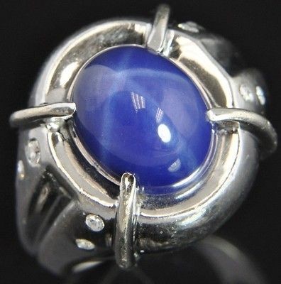 Estate Vintage Linde 14K White Gold Star Sapphire & Diamond Mens Ring 