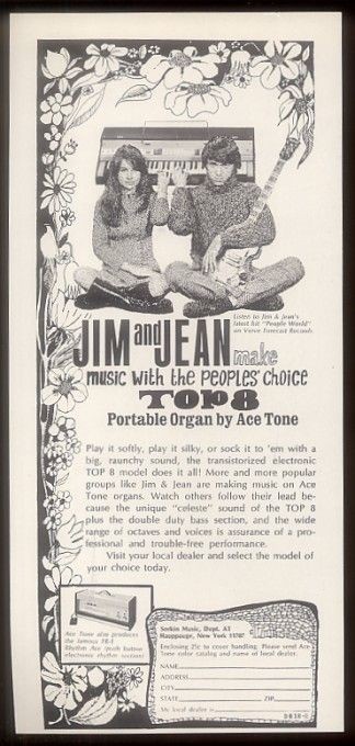 1968 Jim and Jean photo Sorkin Ace Tone TOP 8 portable organ print ad