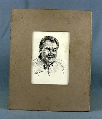 VINTAGE CARDBOARD MOUNT FRAME MAN FACE PORTRAIT PENCIL DRAWING PICTURE 