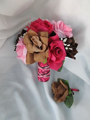   Brown Light Pink White camo silk flower bridal bouquet boutonni 19