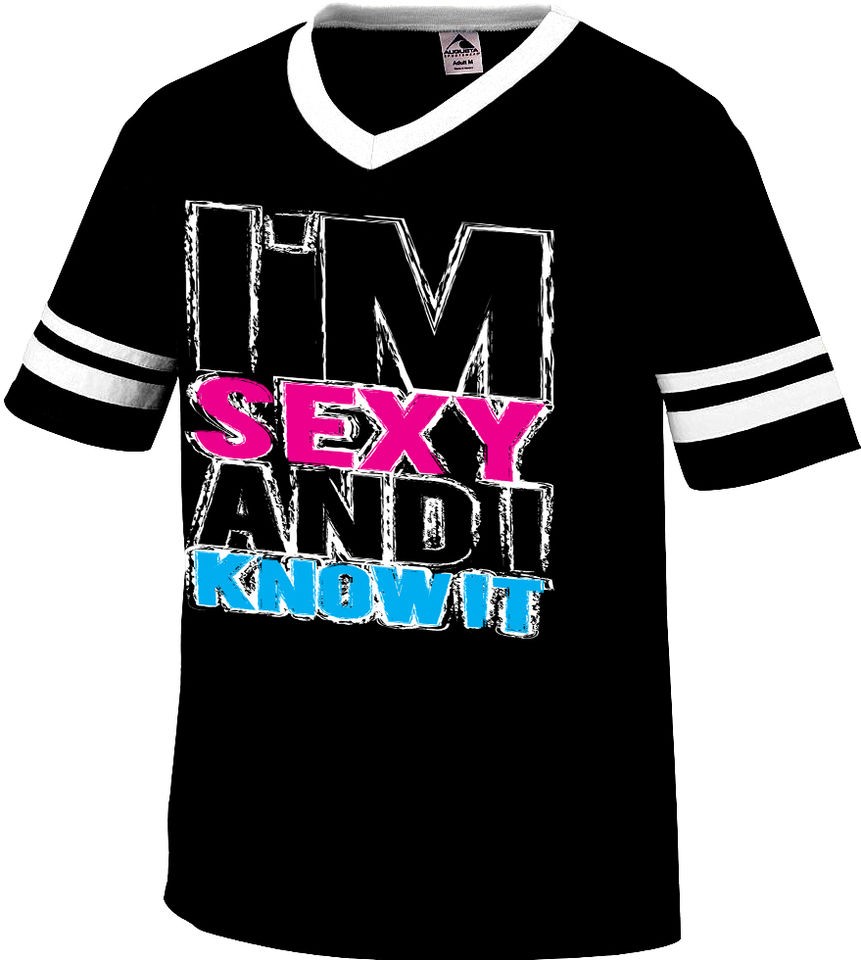 Sexy And I Know It  Neon Slogans College Humor Mens V neck Ringer 