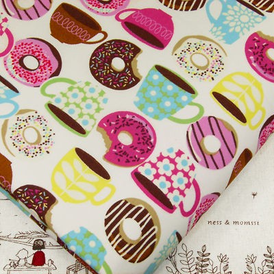 COFFEE TEA FLOWER CUP & DONUT on WHITE 100% COTTON QUILTING FABRIC 