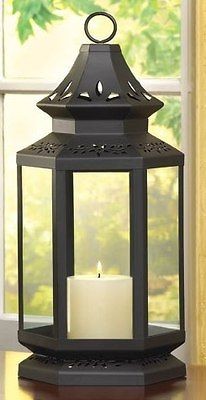 Set of 2 Large Black Stagecoach Style Pillar Candle Lanterns