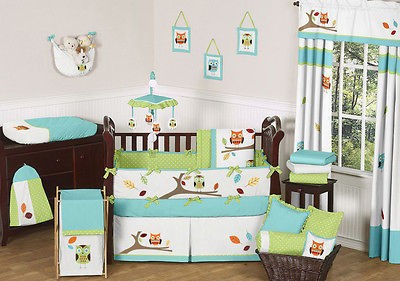 TURQUOISE BLUE LIME GREEN OWL NATURE BABY GIRL BOY CRIB BEDDING SET 