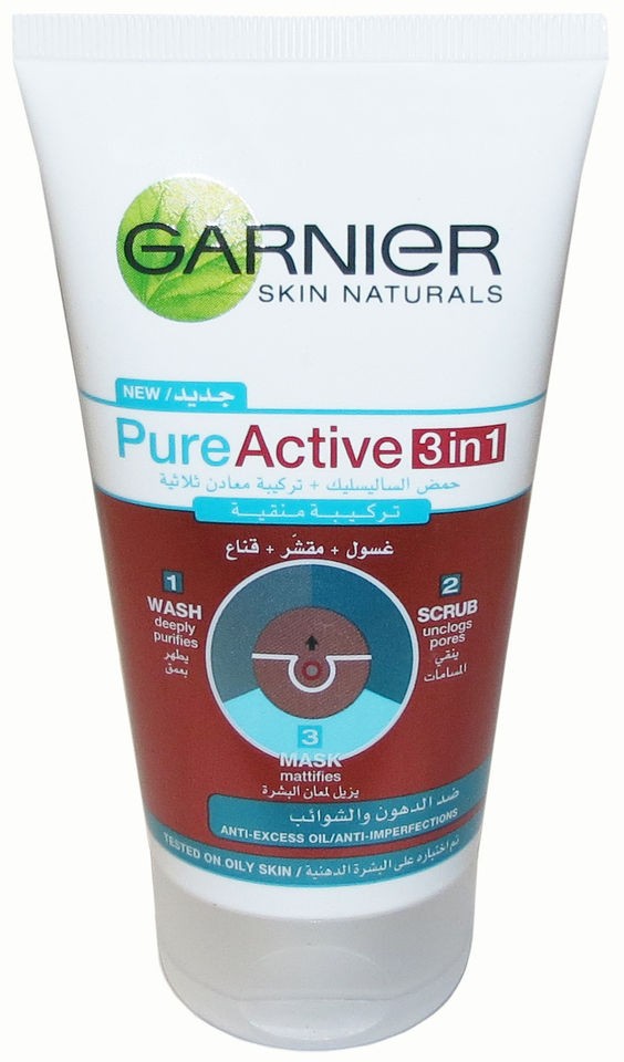 GARNIER Pure Active 3 in 1   Wash, Scrub, Mask u/b