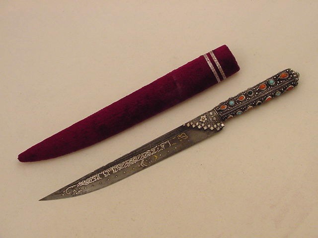   OTTOMAN BALKAN DAGGER KNIFE SILVER GEMSTONES TURQUOISE CORAL EMERALD