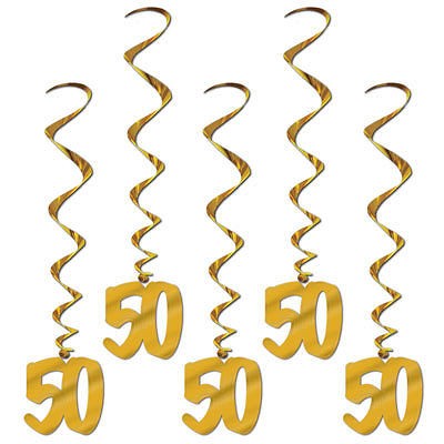 50th Anniversary Party #50 GOLD HANGING WHIRLS DECORATIONS   NEW