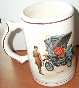 TALL COFFEE/BEER MUG GOLD TRIM CERAMIC ANTIQUE CAR FIAT