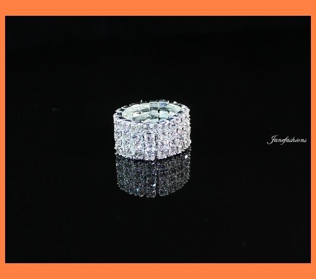 VEGAS CLEAR RHINESTONE STRETCH RING 4 ROW PARTY BRIDAL