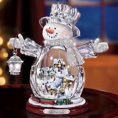   Kinkade Illuminated Crystal Snowman White Christmas w/ Moving Train