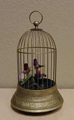 ANIMATED SINGING BIRD in a BRASS CAGE MUSIC BOX