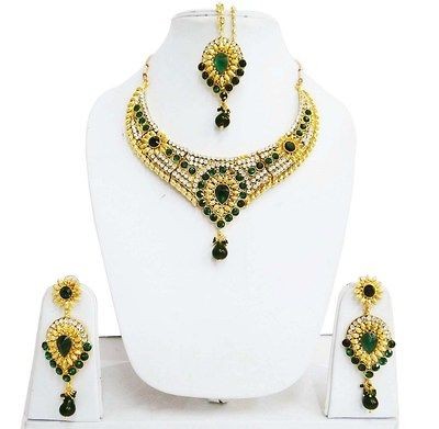 Gold Tone Necklace Earring Tikka Green Wedding Stone Indian Bridal 