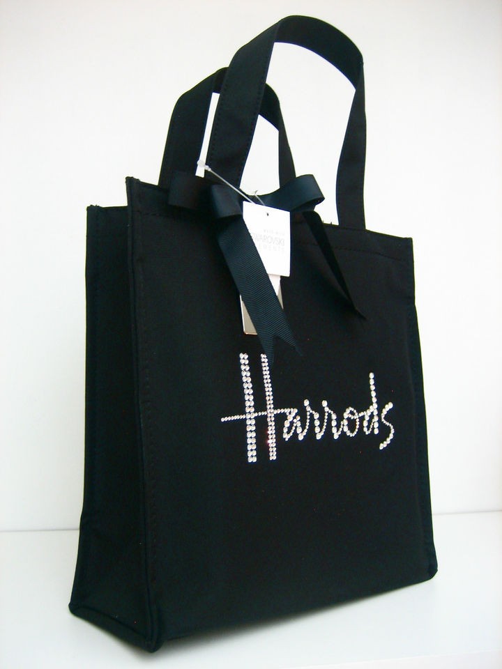 NEW HARRODS BLACK MICROFIBER SWAROVSKI BLING CRYSTALS SHOPPING TOTE 