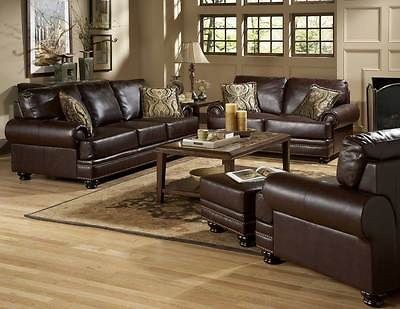 TRADITIONAL DARK BROWN LEATHER SOFA & LOVESEAT LIVING ROOM FURNITURE 