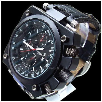 XXL BIG SIZE Quartz Black Military Mens Watch Leather