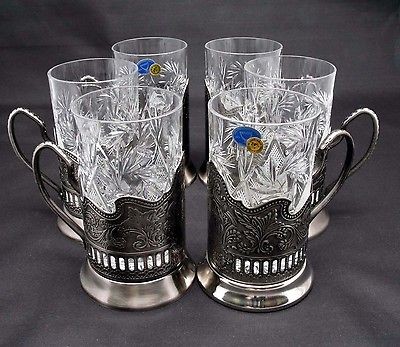 pc RUSSIAN CRYSTAL HOT TEA GLASS & METAL HOLDER PODSTAKANNIK COMBO 