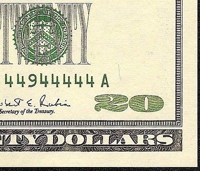 CH GEM 1996 $20 DOLLAR BILL NEAR SOLID S/N 44944444 FEDERAL RESERVE 