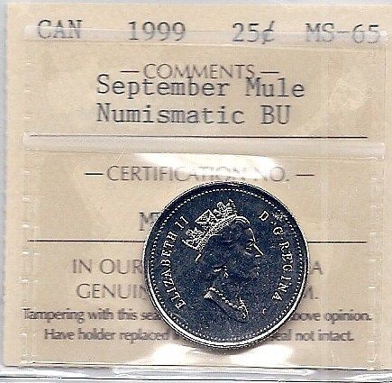 1999 September Mule** ICCS GRADED   QUARTER 25C **MS 65**NBU