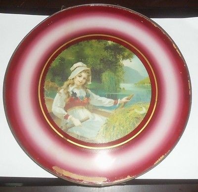 ANTIQUE GLASS FLUE COVER~GIRL IN BOAT~BURGUNDY/WHITE TRIM~METAL FRAME 