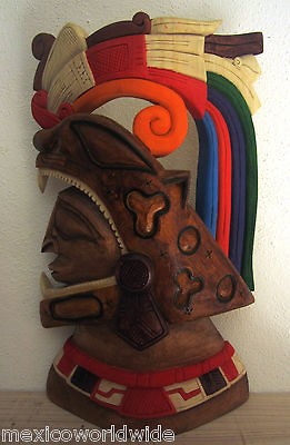 JAGUAR WARRIOR MEXICAN MAYAN AZTEC BUST COLOR HANCARVED WOOD FEDEX TO 