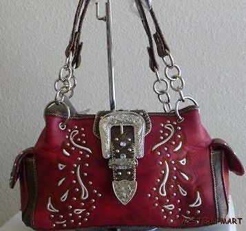 NEW WESTERN RED BURGUNDY TOOLED BELT BUCKLE BLING STUD SATCHEL COWGIRL 