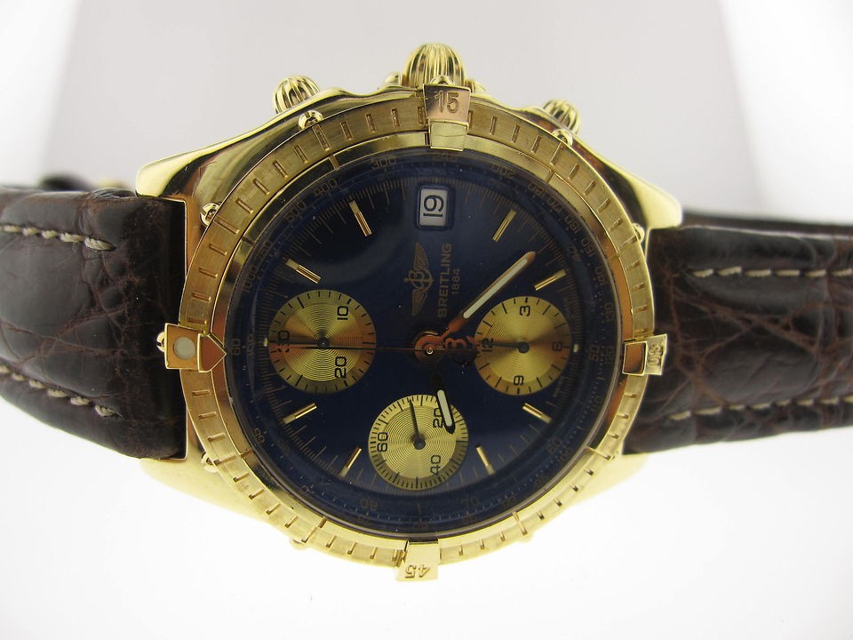 Breitling Chronomat Blue Dial Gold Index Chronograph 18K Yellow Gold 