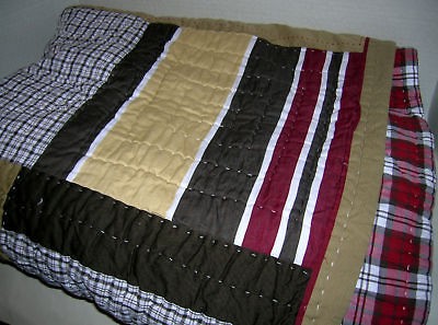 Pottery Barn Kids Red Brown Bennett Plaid Football Twin Quilt New