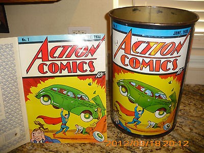 VINTAGE DC 1ST EDITION COMIC BOOK METAL TRASH CAN BATMAN SUPERMAN 