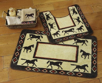 PC Cowboy Theme Western Horse Bathroom Rug Bath Mat Set Nonslip