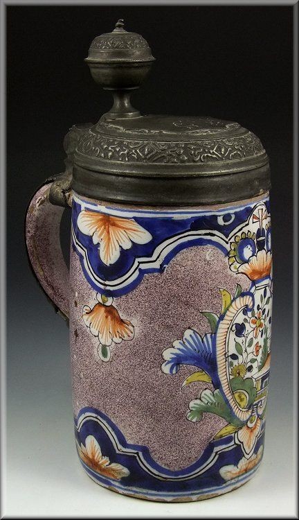 Rare 18th Century Polychrome Delft Stein w/ Pewter Lid