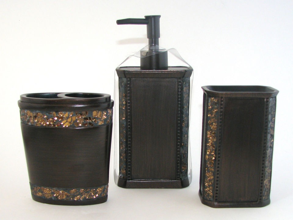 3PC SET BROWN RESIN+COPPER MOSAIC SOAP DISPENSER+TOOT​HBRUSH HOLDER 