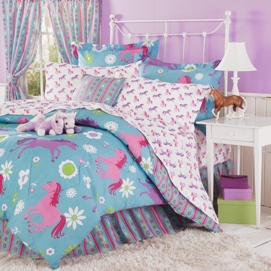   QUEEN FLOWER PONY HORSE COMFORTER SHEET PILLOW CASE BED SKIRT COWGIRL