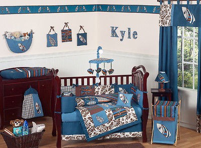 BLUE AND BROWN BEACH THEMED BABY BOY CRIB BEDDING COMFORTER SET ROOM 