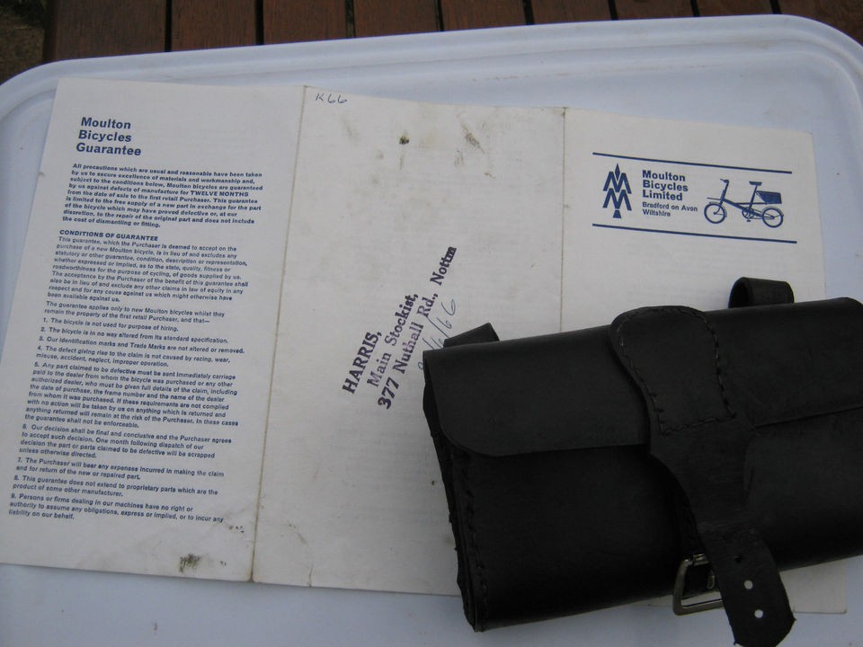 MOULTON ORIGINAL LEAFLET WITH LEATHER TOOL BAG WILL SEND ABROAD.