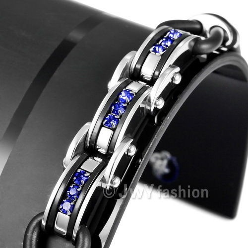   Blue Silver Stainless Steel Black Rubber Bracelet Bangle vc730 New