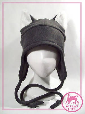 GRAY CHARCOAL FLEECE HAT Cosplay Cat Wolf Anime CUTE