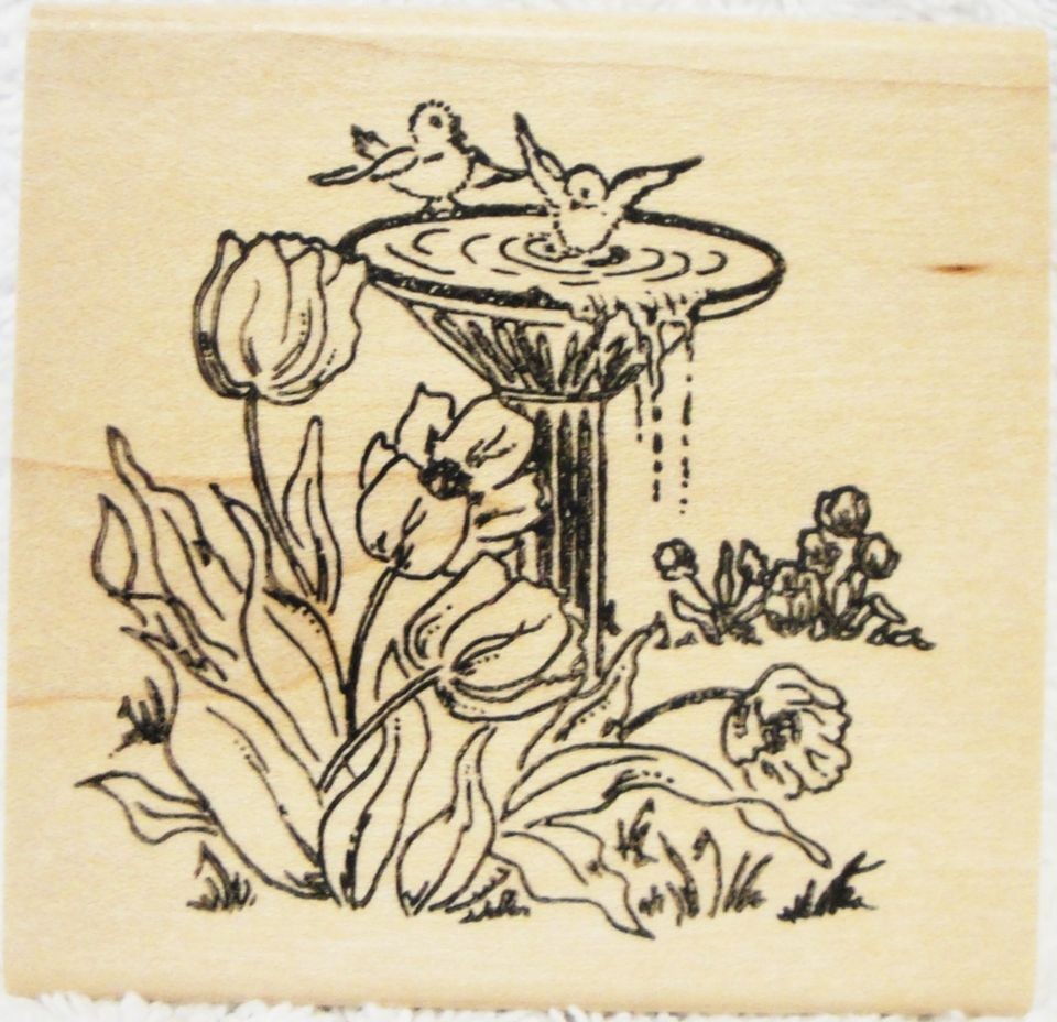   Impressions rubber stamp Birdbath And Tulips Birds Flowers Nature