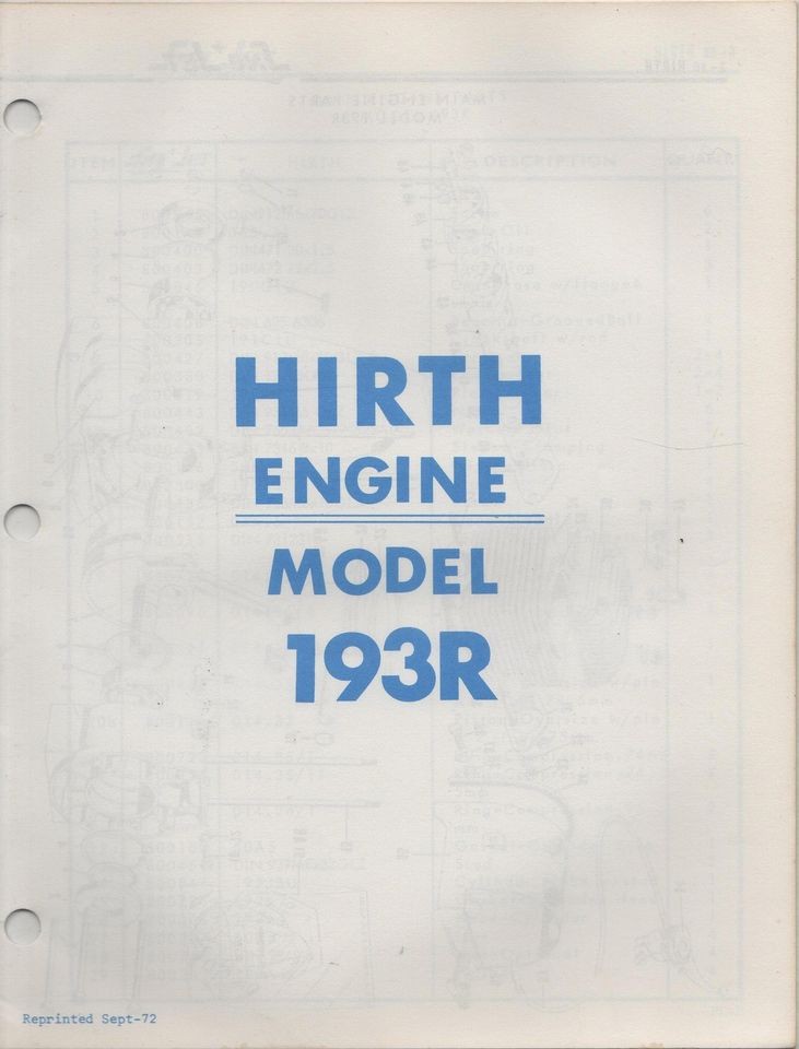 SNO JET HIRTH MODEL 193R ENGINE PARTS MANUAL P/N 209294