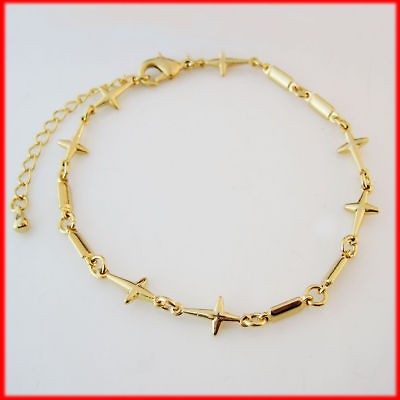   GOLD GP OVERLAY FILL BRASS CROSS CHARM ANKLET 7.1+1.77 BRACELET