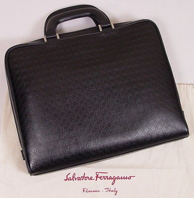 SALVATORE FERRAGAMO BRIEFCASE $1885 BLACK LOGO GANCINI EMBOSSED 