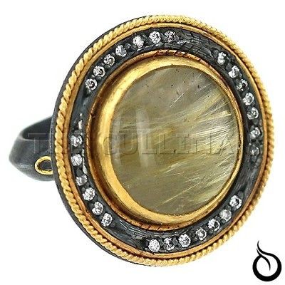 UNIQUE RUTILATED QUARTZ DIAMOND RING 24K GOLD & SILVER