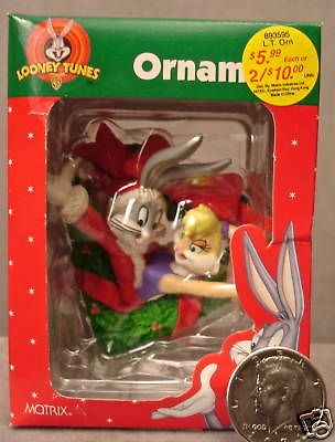 1998 BUGS BUNNY & LOLA WREATH SANTA ORNAMENT, NIB